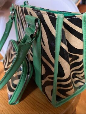 Y2K M. Julian Faux Leather Green Trim Zebra Print Tote Bag with Wallet Set